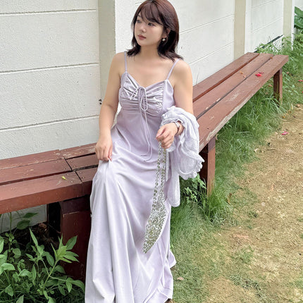 A0109 Summer New Women's Clothing Plus Size Fat mm Elegant French High-Waisted Waist-Cinching Pleated Spaghetti Strap Dress-Bfd