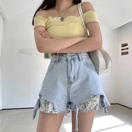 Blue Ripped Denim Shorts Women's Summer Hot Girl Trendy ins2025 New High Waist A- line Wide Leg Hot Pants