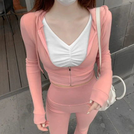 South Korea Dongdaemun Figure Sports suit Slim-fit Sexy Hooded Zipper Short Coat High Waist Flared Pants for Women
