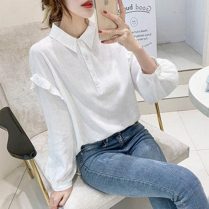 2025 Spring New Long Sleeve Chiffon Shirt Women's Lapel Doll Shirt White Western Style Shirt Ruffled Top