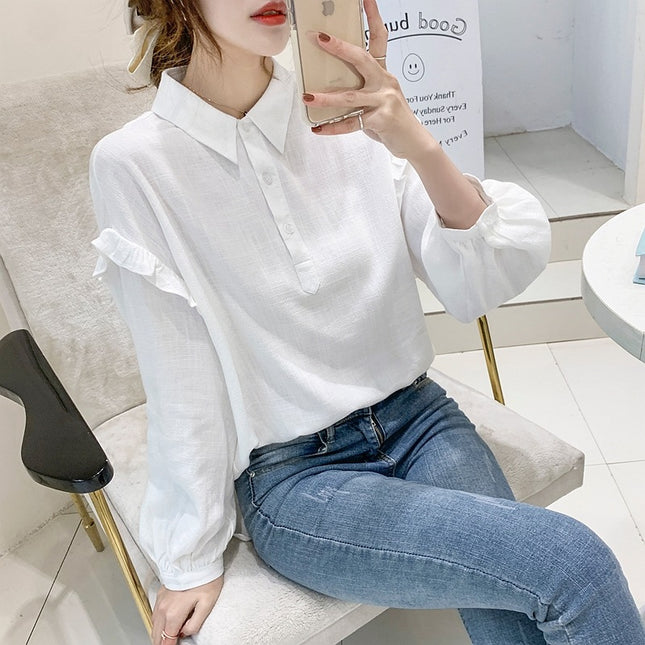 2025 Spring New Long Sleeve Chiffon Shirt Women's Lapel Doll Shirt White Western Style Shirt Ruffled Top