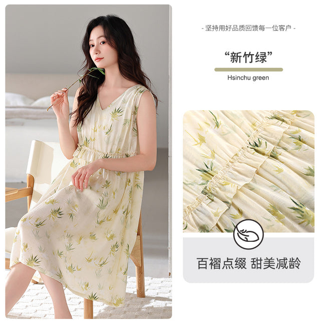 Nightgown for Women Summer Woven Thin Tencel Linen Pajamas 2026 New Large Size Mid-Length Dress Summer Home Wear