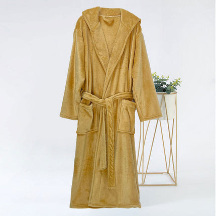 New autumn and winter plain hooded bathrobe flannel home casual nightgown extended thick couple bathrobe wholesale