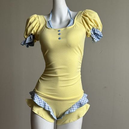 Original Manufacturer Yuanqi Girl One-Piece Puff Sleeve Swimsuit for Women, Cute, Covers the Body, Slimming, Conservative, Suitable for Vacation and Hot Springs