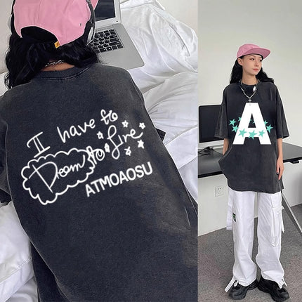 American Retro Pure Cotton Washed Distressed Large Size Short-Sleeved T-Shirt Women's Trendyy Hip-Hop Ins Couple Hong Kong Style Round Neck Top