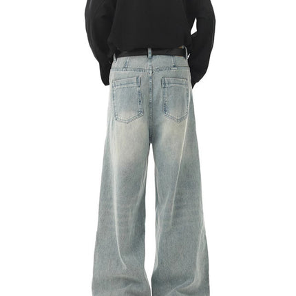 American-Style Drapey Wide-Leg Jeans for Men, Spring and Autumn Straight Loose Scimitar Pants, High Street Clean Fit Pants for Men