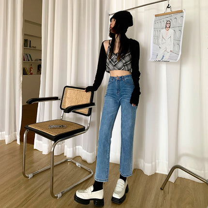 Beige Pants Pear-Shaped Body Hip-Covering Apricot Women's Short Straight Pipe Off-White Cropped Jeans