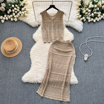 Korean Style Outfit with Elegant and Light Hollow Knitted Cardigan Vest and High-Waisted Half Skirt Holiday Style Two-Piece Set
