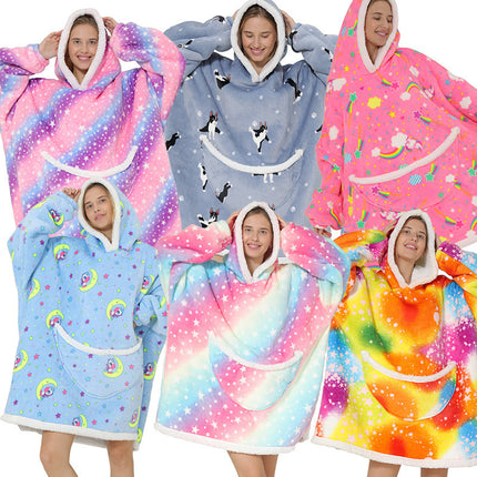 Cross-border lazy blanket lambswool pullover flannel sweater TV blanket hooded lazy clothes outdoor warm pajamas