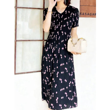 Miyake pleated 2025 summer new temperament round neck printed pleated skirt fashion waist thin magic dress