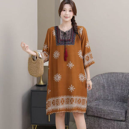 Extra Large Size Ethnic Style Round Neck Three-Quarter Sleeve Dress Loose Embroidered Flower Cotton Silk Travel Beach Skirt for Women