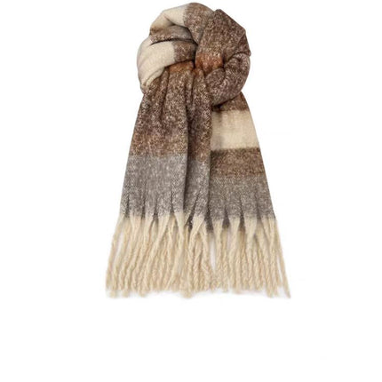 Korean-Style Green Plaid Striped Scarf for Women, Autumn and Winter Warm Versatile Shawl, Stylish and Trendy Neck Scarf