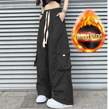 American-Style Ins Fleece-Lined Wide-Leg Retro Cargo Pants Loose Unisex Pocket Casual Street Dance Floor-Length Trousers Trendy