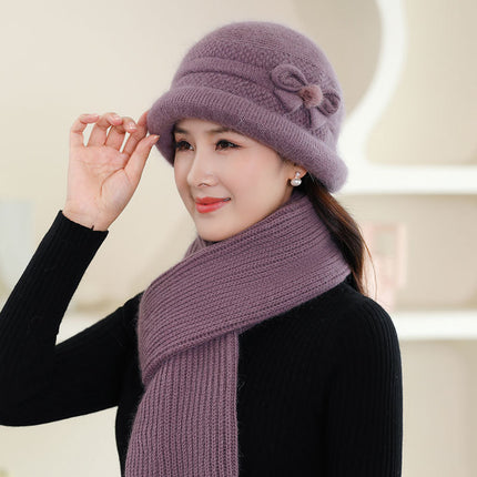 Velvet Warm Knitted Rabbit Fur Hat for Women Autumn and Winter Cold-Proof Gloves Scarf Basin Hat K-Style Trendy Middle-Aged and Elderly People