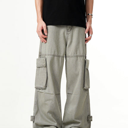 11Kn American Distressed Gray Cargo Pants for Men and Women, Stereo Tailoring, Multi-Flap Pocket Pants, Loose Slimming Look Wide-Leg Straight Pants