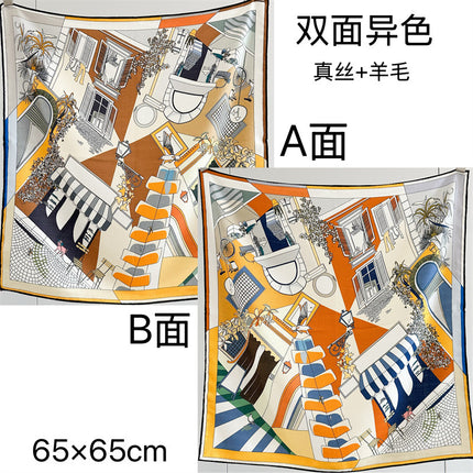 [Silk Wool 65 Square Scarf] Collection of Versatile Autumn and Winter Mulberry Silk Wool Scarves and Shawls, Double-Sided