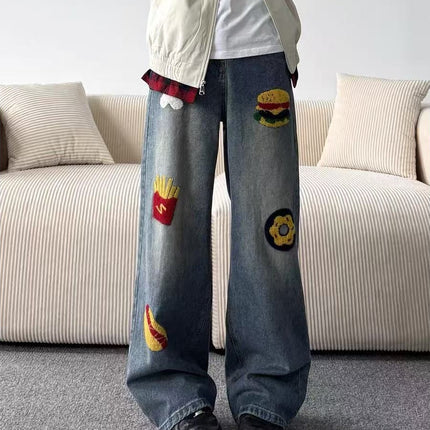 American Retro Niche Creative Burger Fries Towel Embroidered Jeans Men's Street Fashion Brand Loose Casual Long Pants