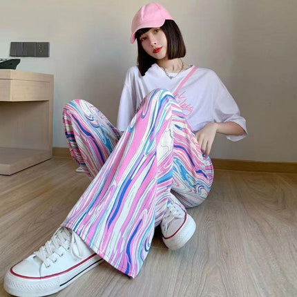Ice silk tie-dye printed vertical wide leg pants summer thin high waist slim loose casual mop straight pants wholesale