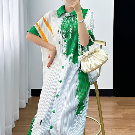 Miyake Simple Printed Casual Waist Loose Long Dress 2024 Summer Pleated Single-breasted New Women's dress