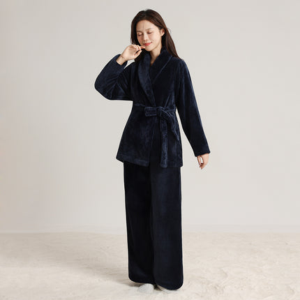 Couple's Autumn and Winter Thickened Pajamas with Green Fruit Collar, Simple and Luxurious Men's and Women's Cardigans, Double-Sided Velvet Warm Home Clothes Two-Piece Set