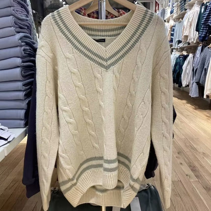 Brandy Knitted Sweater Women's Fresh Casual Versatile Fashionable V-Neck Cotton Elegant Cable Age-Reducing Long Sleeves