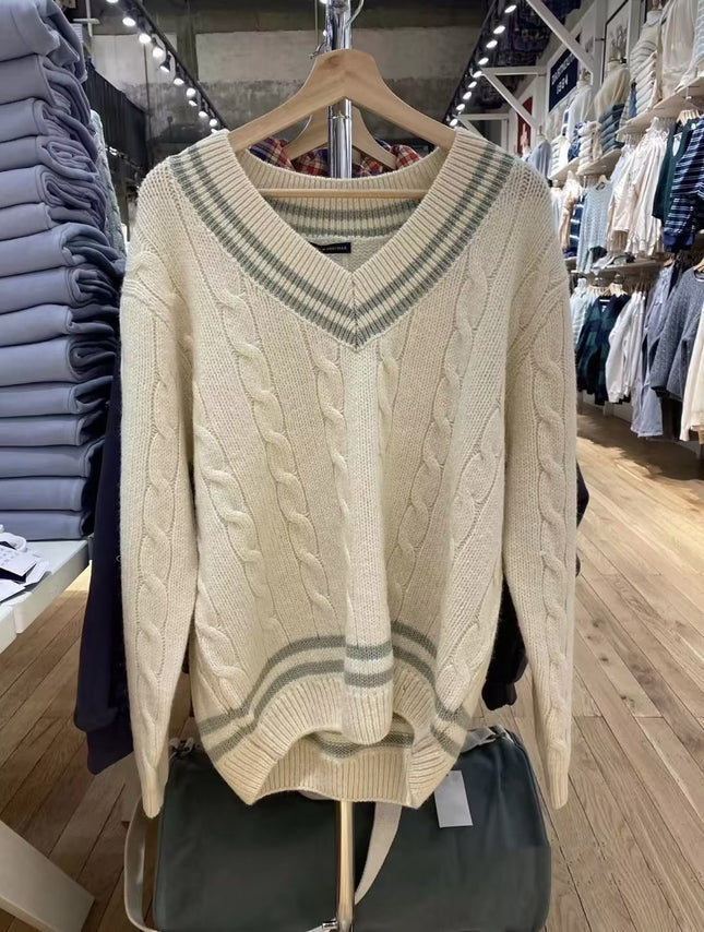 Brandy Knitted Sweater Women's Fresh Casual Versatile Fashionable V-Neck Cotton Elegant Cable Age-Reducing Long Sleeves