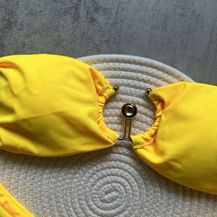 2025 Yellow Metal Accessories New Pure Color Bikini Sexy Backless Split Swimsuit Nylon Bikini Ready Stock