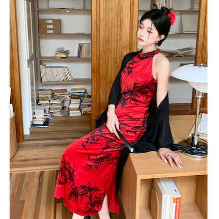 New Chinese Style Vintage Ink Bamboo Neck Cheongsam dress Women's Summer Elegant Thin Cape Shawl Cardigan Two-piece Set