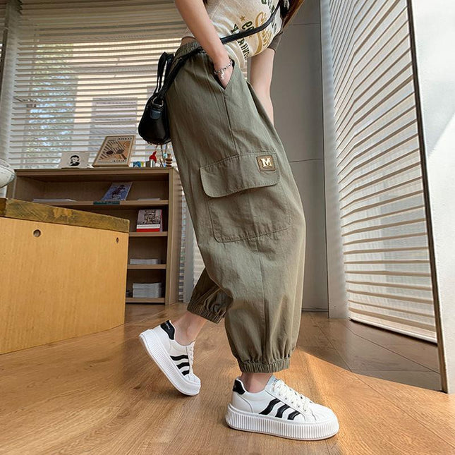 Army Green Casual Overalls Women's Thin 2024 Summer Korean Style New Loose Leg Pants Nine-point Harem Pants