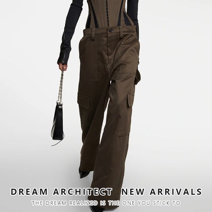 Handsome Neutral Style Fishbone Stitching Slim-Fit Detachable Waist Seal Army Green Loose Wide-Leg Workwear Trousers for Women