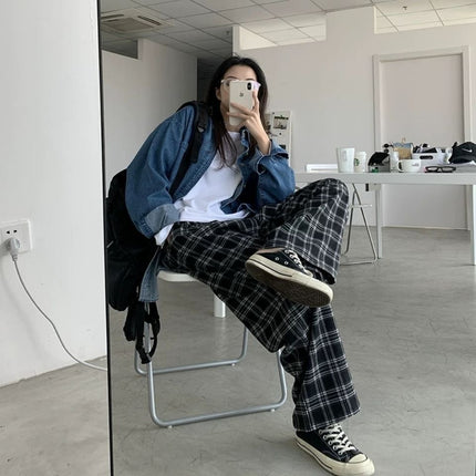 Women's plus size Pants chubby girl Spring and Summer Thin Plaid Pants Korean Style Loose High Waist Slimming Wide Leg Pants for Female Students