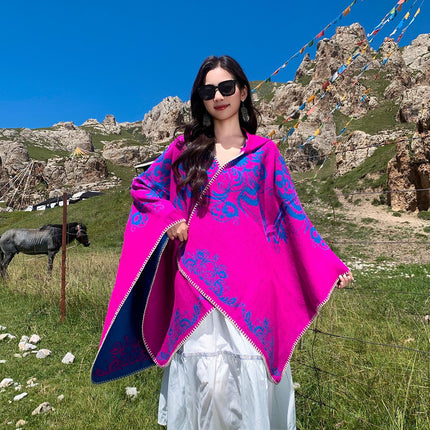 Xinjiang, Xizang, Inner Mongolia Travel Wear Red Shawl Large Cloak Scarf Ethnic Style Outer Warm Cloak for Women
