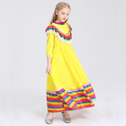 Traditional Mexican Girl Long Dress Ethnic Dance Costume Children Ethnic Style Party Performance Game Costume