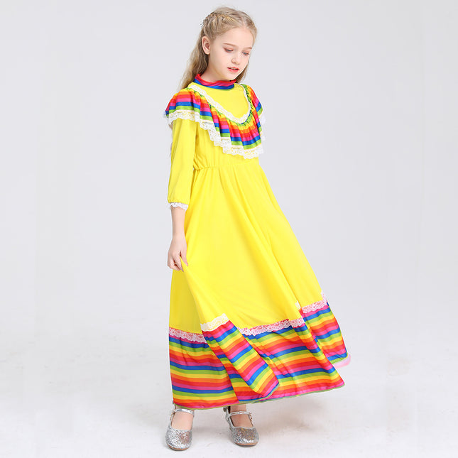 Traditional Mexican Girl Long Dress Ethnic Dance Costume Children Ethnic Style Party Performance Game Costume