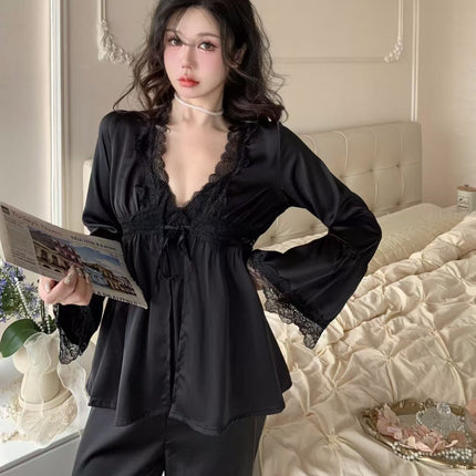 Spring and Autum New Women's Ice Silk Sexy Pure Desire Pajamas Short Outwear Suspenders Pants Three-Piece Set Home Outing Clothes
