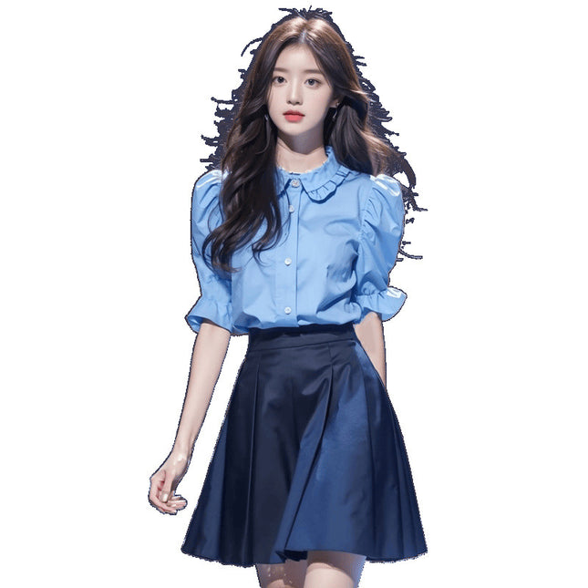 Foreign trade women's 2025 summer dress with a set of salt light cooked blue short sleeve shirt skirt age-reducing beautiful