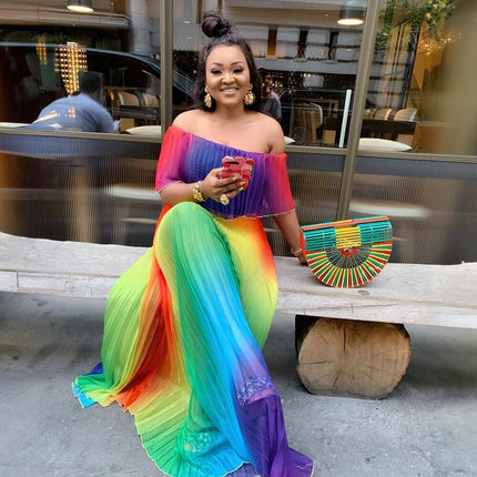 Foreign Trade European and American Clothing African Ethnic Women's Dress Off-Shoulder African Style Pleated Digital Printing Source Ready Stock