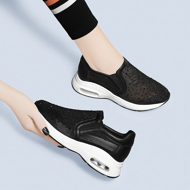 Inner Height Casual Shoes 2024 Spring and Summer New Black Air Cushioned Shoes Mesh Shoes Breathable Mesh Lazy Slip-on Women's Shoes