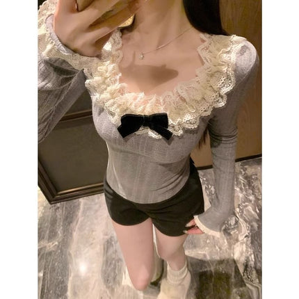 Winter New Sweet Style Lace Splicing Long-Sleeved Shirt for Women Niche Chic Slimming Age-Reducing Bottoming Top Trend