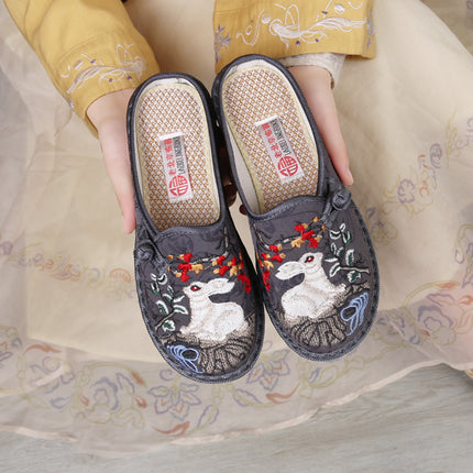 Women's Fashionable Half-Mop Shoes Spring and Summer Flats Round Toe Shallow Mouth Flats Bottom Ethnic Style Embroidered Shoes Middle-Aged Mother's Shoes