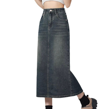 Cement Grey Denim Skirt Women's Trendy All-match New High Waist Slimming Split A- Line Mid-length Hip Skirt