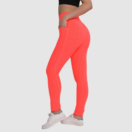 Amazon European and American Leggings Peach Fitness Pants High Waist Hip Leggings Pocket Jacquard Bubble Yoga Pants