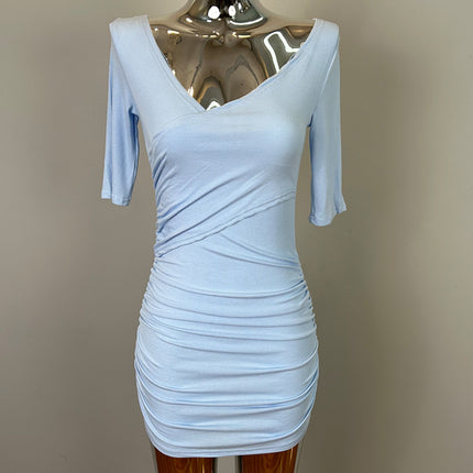 South Korea Dongdaemun New Sexy Feminine V-Neck Pleated Bag Hip Mid-Sleeve dress Figure