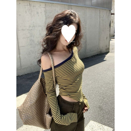 Autumn and Winter Sexy Style Striped Off-Shoulder Long-Sleeve Women's Short Slim-Fit Top with Removable Chest Pads Versatile Top