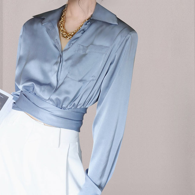 Fashionable all-match lapel button back bow elegant elegant shirt cross-border Women's Spring and Autumn New exquisite shirt