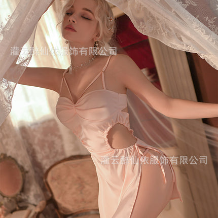 Sexy Hollow Pajamas Women's Silk-like Smooth Small Chest Large Pure Wind Sling Home suit 1919