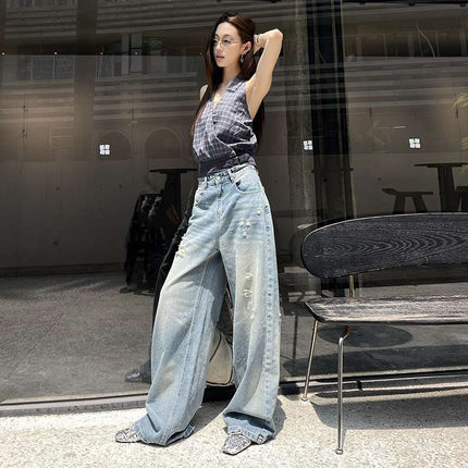 Wholesale Dropshipping Retro Ripped Wide-Leg Jeans for Women, Loose Slimming High Street Straight Pants, Casual Pants, Floor-Length Pants