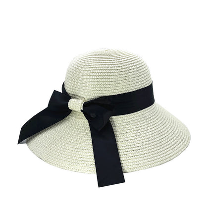Paper woven straw basin hat bow sun protection straw hat windproof sun hat travel straw hat face slimming lady hat