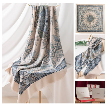 New Style Women's Silk Wool Scarf, Retro Printed Square Scarf, Sun Protection and Warm Neck Scarf, Dual-Use Decorative Scarf