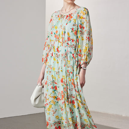 Short-Sleeved Silk Dress for Women 2026 Spring and Summer New Two-Piece Set Slightly See-Through Printed Georgette 100% Mulberry Silk Long Dress